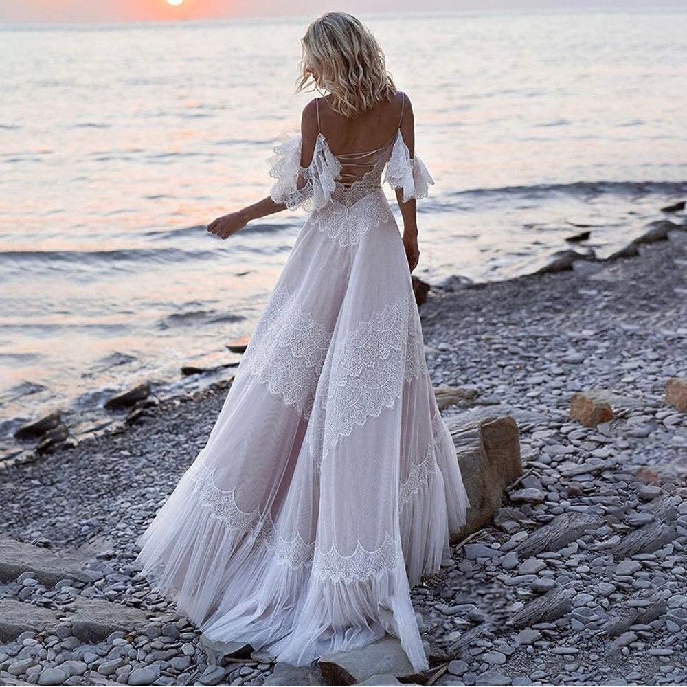 Neck Ruffle Sleeves Beachy Boho Outdoorsy Wedding Gown